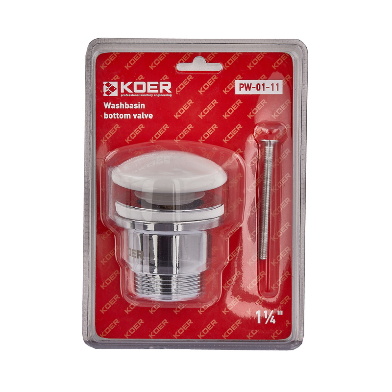 Донний клапан для умивальника Koer PW-01-11 1 1/4'' (кнопка) (Біла керамічна накладка) (KR3405)