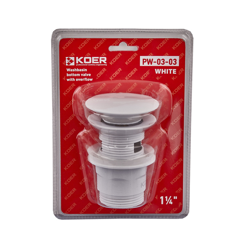 Донний клапан для умивальника з переливом Koer PW-03-03 1 1/4'' (кнопка) (Білий) (KR3395)