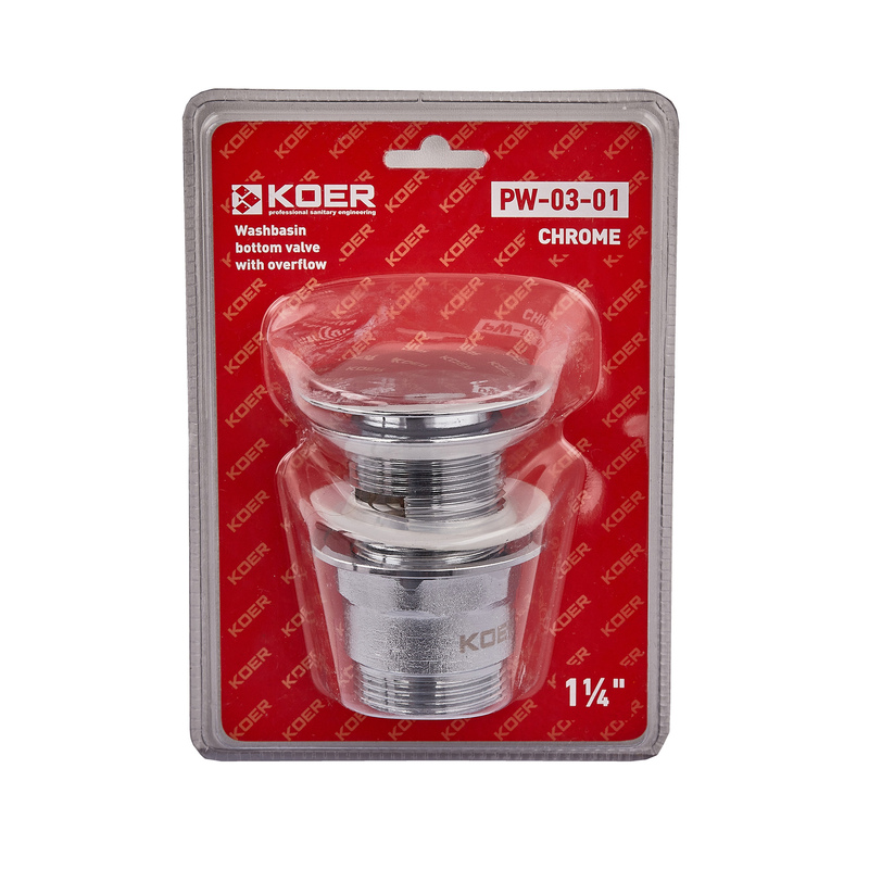 Донний клапан для умивальника з переливом Koer PW-03-01 1 1/4'' (кнопка) (Колір хром) (KR3394)