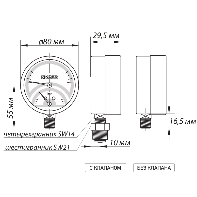 Термо-манометр радіальний (KOER KM.801R) (0-4 bar), D 80мм, 1/4''-1/2'' (KR0217)